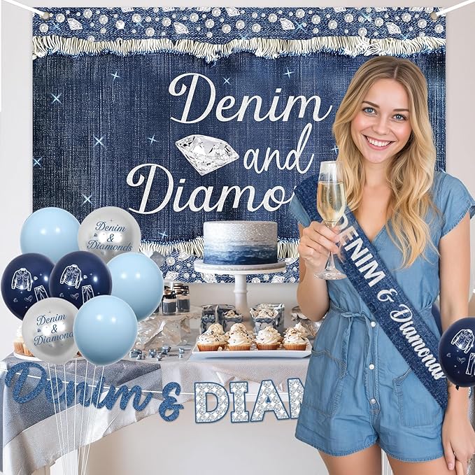 Denim and Diamonds Party Decorations Denim and Diamonds Backdrop Banner Sash with Blue Silver Balloons for Women Girls Birthday Bachelorette Party Bridal Shower Wedding Supplies