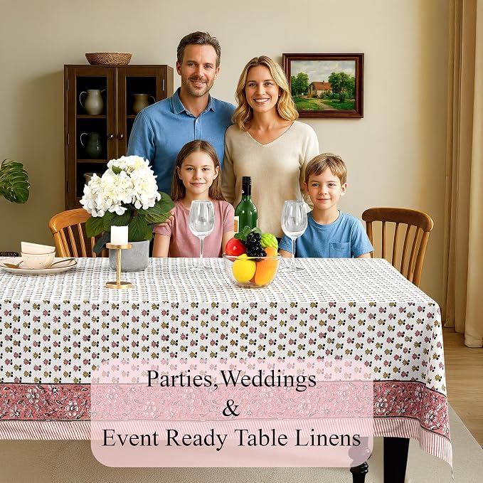 CPC Rosette Bloom Tablecloth 100% Cotton 72x160 Inch Indian Block Print Rectangle Table Cover, Table Cloth for Gifting in Weddings, Halloween, Fall, Christmas, Thanksgiving