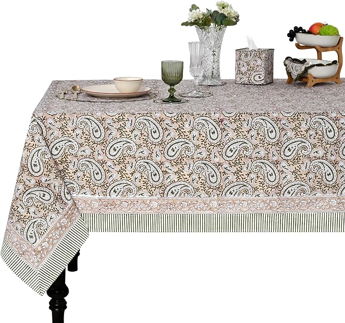 Ridhi Royal Beige Hand Block Print Cotton Rectangle Tablecloth 120" x 80" inches Reusable Table Cover Decorative Everyday Use for Dining Room, Farmhouse, Home Gift for Spring, Mother's Day