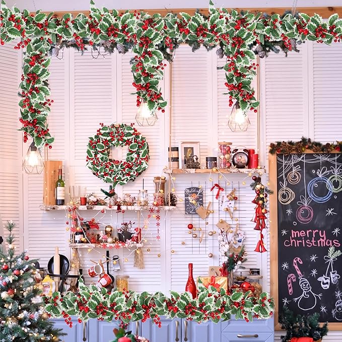 Zerzsy 2 Pack Artificial Red Garland,Eucalyptus Garland Green Leaves with Red Berry,Faux Hanging Garland Vine Plants Decorations for Table, Mantle, Staires, Wall, Indoor/Outdoor(2pcs-Red)