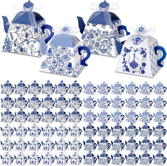 Fullhawl 80 Pcs Tea Party Favor Boxes Candy Blue and White Treat Gift Boxes Chinoiserie Teapot Favor Boxes Tea Time Party Decorations with Chinoiserie Floral Print for Wedding Bridal Tea Party Guest