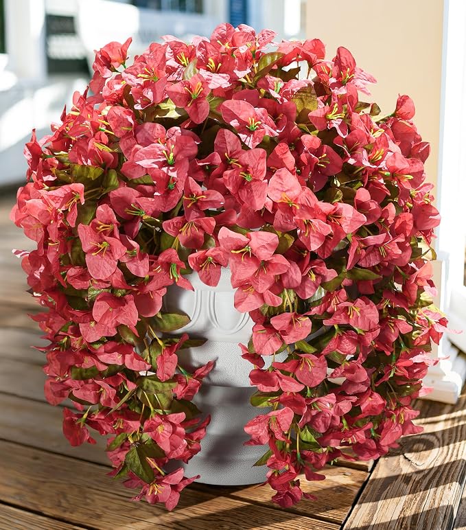 Bougainvillea Artificial Flowers Fake Plants for Outdoors Winter Decoration, 2 pcs Faux Long Trailing Vines UV Resistant Look Real Red Silk Flowers for Outside Planter Front Door Porch Urn Yard Patio