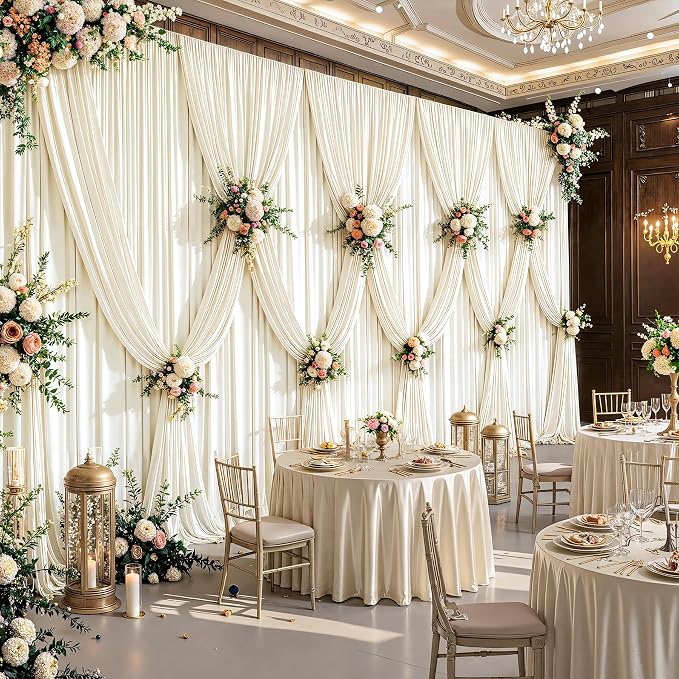 50ftx12ft Wrinkle Free Ivory Backdrop Curtain, 10 Panels 12FT Long Wedding Photo Backdrop Drapes, Silky Polyester Back Drop Cloth for Birthday Photography Background Party Backdrop Draping