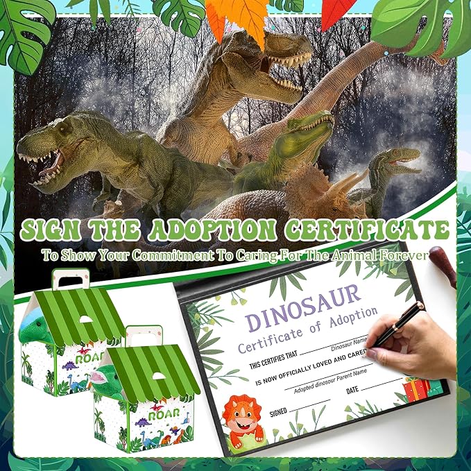 63 Pcs Adopt a Dinosaur Party Favors Include 20 Mini Dinosaur Stuffed Animals 20 Foldable House Gift Boxes 20 Adoption Card 1 Adoption Sign 2 Fence for Adopt A Pet Party Dino Birthday Supplies