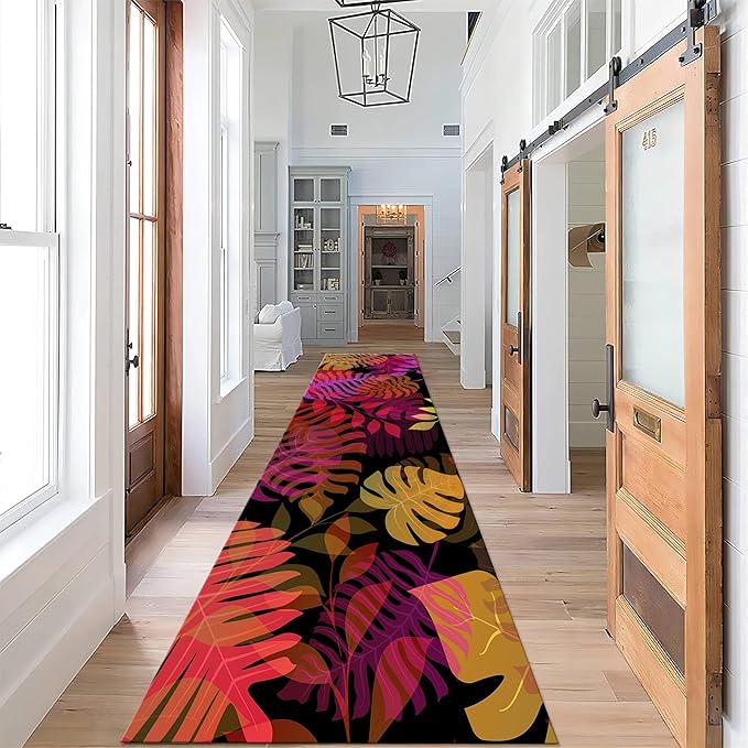 Leaf Hallway Runner Rug, 3.3x7ft, Bohemian Red Monstera 3D Design Color Kitchen Long Runner Mat, Indoor Soft Non-Slip Leaf Pattern Carpet for Living Room Foyer Bedroom Bedside