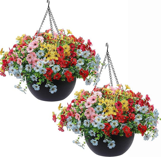 2 Pack Artificial Hanging Flowers Basket Set for Outdoor Decor,30 Bundles UV Resistant Fake Plants Spring Summer Decoration Faux Silk Eucalyptus Garden Patio Yard Front Porch Balcony Arrangement