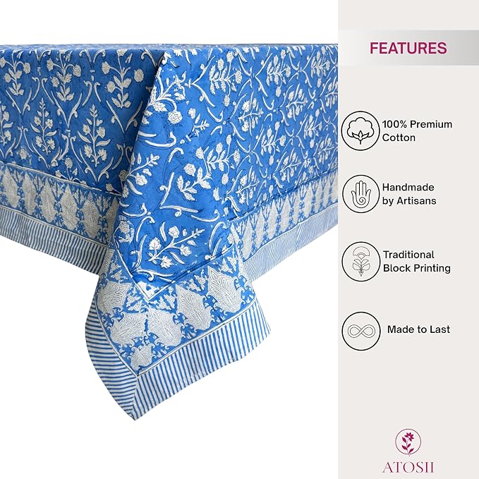 ATOSII Maya Blue 100% Cotton Rectangle Spring Summer Tablecloth, Handblock Floral Print Linen Table Cloth for Kitchen Dining I Parties, Weddings, Outdoors, Easter Decor 60 X 108 Inches, 8 Seater