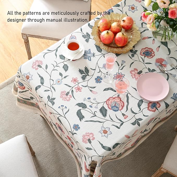 ISAENNE Designer French Linen Tablecloth Rectangular,94"x63"-Daffy | Vintage Elegant Table Cloth Rectangle Table,Floral Pattern,Decoration,Heavyweight,Dining,Kitchen,Tea Party,Thanksgiving