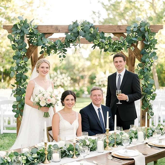 Artificial Eucalyptus Garland 4 Pack, Faux Eucalyptus Greenery Garland 6 ft, Realistic Eucalyptus Vine with Flowers for Wedding Table Centerpiece Mantel Fireplace Indoor Outdoor Decor