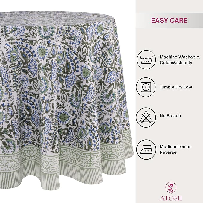 ATOSII Clover Blue 100% Cotton Round Boho Fall Tablecloth, Handblock Floral Table Cloth Linen for Kitchen Dining I Parties Weddings Outdoors Christmas Thanksgiving I 90" Inches Round I 6-8 Seater