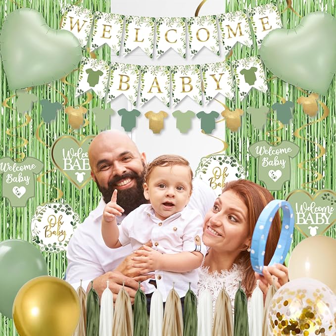 Sage Green Baby Shower Decorations,155 pcs Neutral Baby Shower Decor Supplies, welcome baby banner, Disposable "OH BABY" Balloon Arch, Paper Tassels, tablecloths