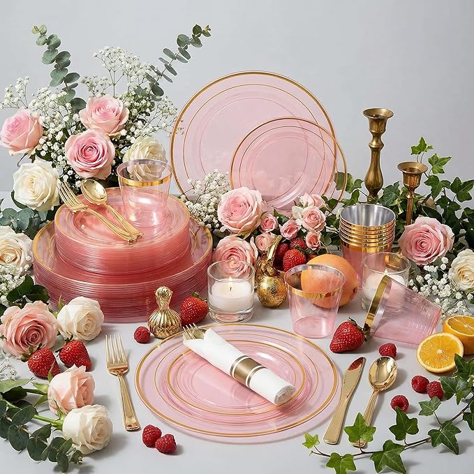 WELLIFE 350Pcs Clear-Pink Plastic Dinnerware- Pink and Gold Plastic Dinnerware include 50 Dinner Plates, 50 Dessert Plates, 150 Gold Silverware, 50 Cups and 50 Napkins Perfect for Parties