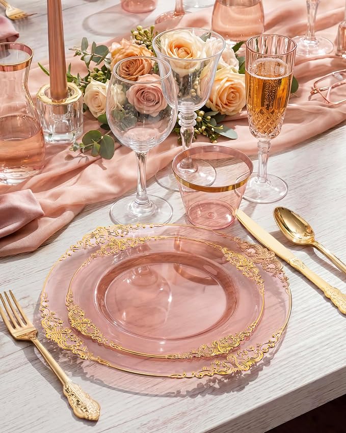 Hioasis 350pcs Burgundy and Gold Plates - Burgundy Plates for 50 Guest, Include 100 Heavy-duty Plates(20% Thicker Than Standard), 150 Cutlery Set, 50 Pre Rolled Gold Plastic Silverware Set, 50 Cups