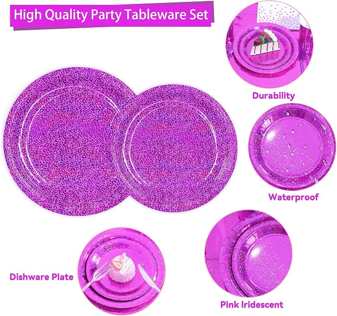 161Demon Hunter Holographic Laser Tablewares Kit, Pink Sparkling Iridescent Grad Decor for 20 Guests-Purple Party Supplies Paper Plates Napkins Cups Cultery for Birthday Wedding Graduation Bachelor
