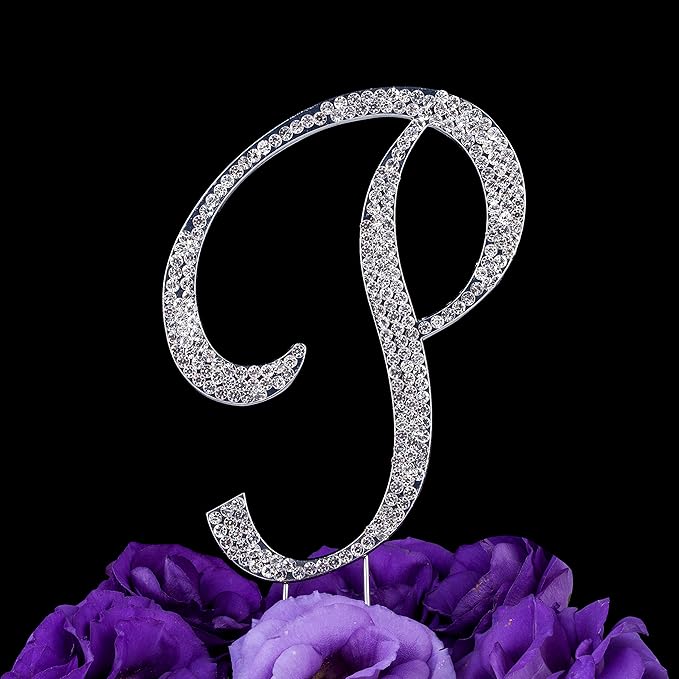 LOVENJOY Gift-Boxed 3.3" Rhinestone Letter P Cake Topper Silver