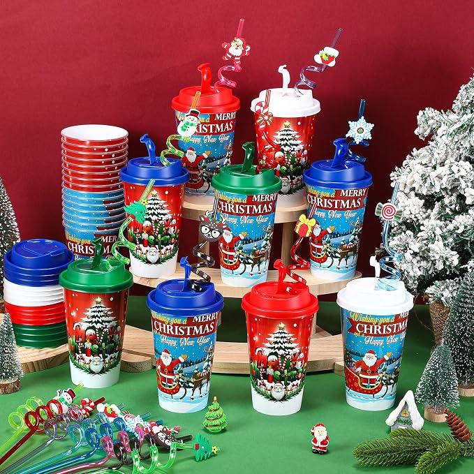 Maxcheck 24 Sets 16 oz Christmas Party Favors Goodie Cups with Colorful Lids and Straws for Birthday Decorations Reusable Plastic Candy Cups Bulk Plastic Straws for Birthday Party Celebration Gifts