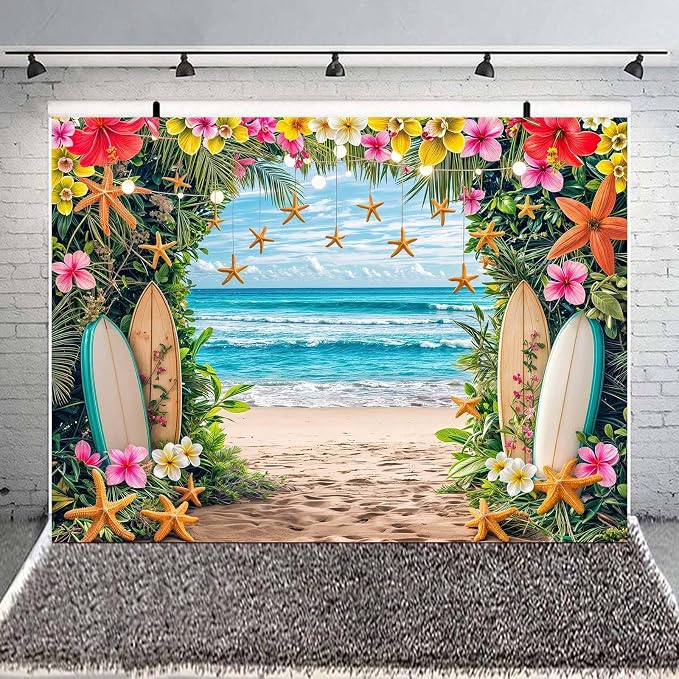 8X6ft Summer Hawaiian Beach Backdrop Tropical Flower Flamingo Palm Leaves Surfboard Backbrops Photography Background for Aloha Luau Theme Party Decorations Banner Photo Props