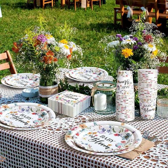 Hsei 250 Pcs Baby in Bloom Baby Shower Decorations Wildflower Plates and Napkins Set Floral Party Tableware Set for 50 Guests Floral Disposable Plates Napkins Cups for Birthday Party Supplies