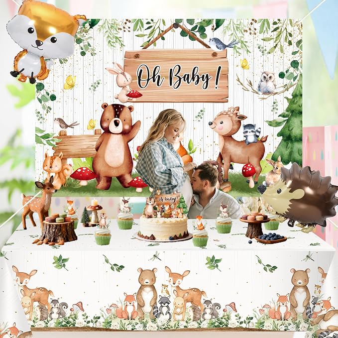 Woodland Baby Shower Decorations Neutral - Forest Animals Party Supplies Include Balloon Garland Arch, Oh Baby Backdrop, 4 Wood Grain Boxes, Fox Deer Raccoon Foil Balloons - Sage Green Gold