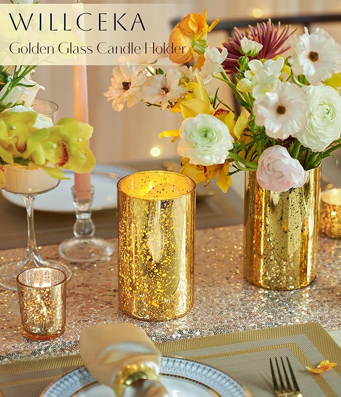 Willceka Gold Candle Holder Hurricane Candle Cylinder Vases for Centerpieces Set of 6 for Wedding Table Centerpiece