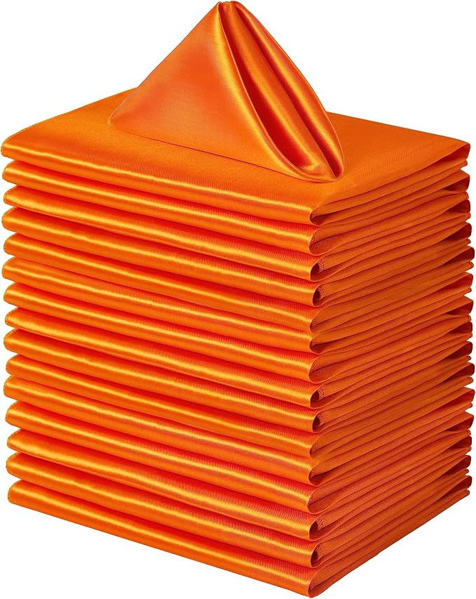 24 Pack Square Satin Dinner Napkins, 17x17 Inches Silky Soft Smooth Table Cloth Napkins for Restaurant Weddings Banquet Party Decoration, Orange