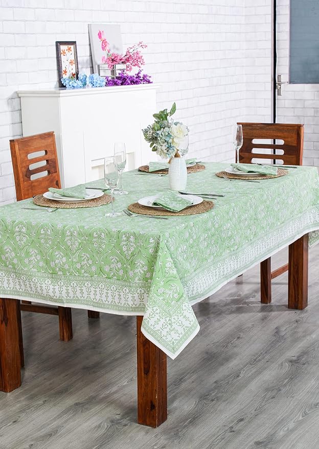 Ridhi Pear Green Hand Block Print Cotton Rectangle Tablecloth 102" x 48" inches Reusable Table Cover Decorative Everyday Use for Dining Room, Farmhouse, Home Gift for Spring, Mother's Day