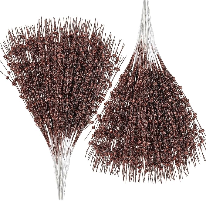 Geosar 30 Pcs Artificial Glitter Berry Stem Decorations 17 Inch Faux Stick Floral Pick Centerpiece Bouquet Flower Bead Twigs for Centerpiece Tree Wreath Ornaments Home(Brown)