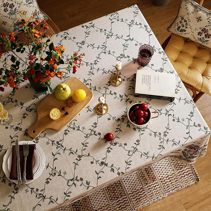 patdrea Vintage French Linen Tablecloth,Rectangular,94"x63"-Oliveirad | Heavyweight Elegant Large Table Cloth for Rectangle Table,Dark Floral & Vine Printfor Dining Room Tea Party Thanksgiving