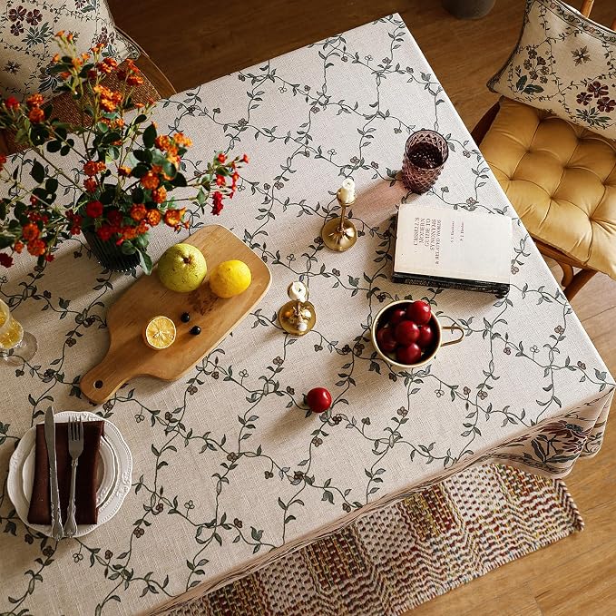 patdrea Vintage French Linen Tablecloth,Rectangular,87"x55"-Oliveirad | Heavyweight Elegant Table Cloth for Rectangle Table,Dark Floral & Vine Printfor Dining Room Tea Party Thanksgiving