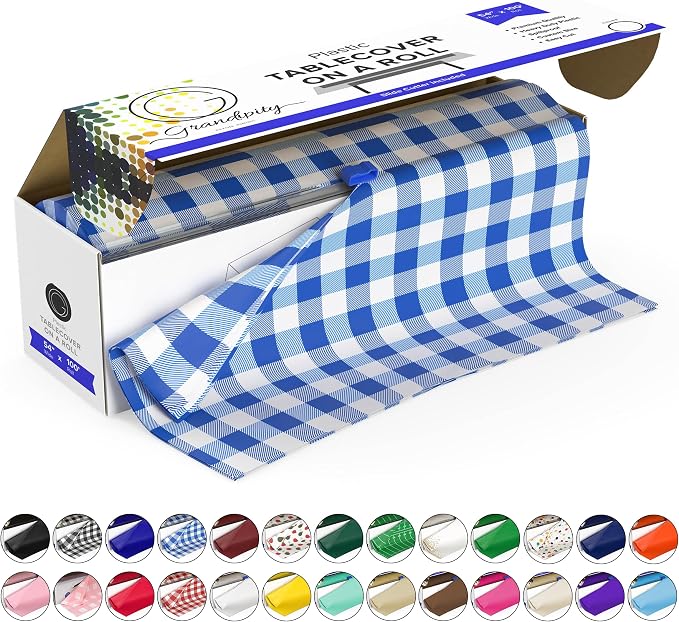 Grandipity Plastic Tablecloth Roll - 54in x 100 Ft. Blue Gingham Checkered Plastic Table Cloths for Parties Disposable with Cutter Box - Cut to Size | Disposable Tablecloth for Rectangle & Round
