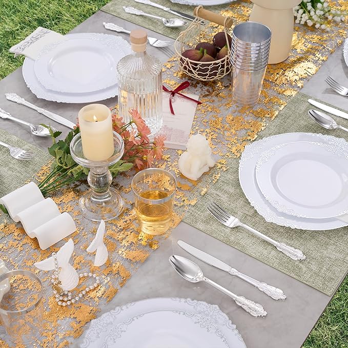 Fijinhom 350pcs Silver Plastic Plates, Elegant Disposable Dinnerware Set, 125 Pieces, White and Gold, Plates, Cups, Cutlery and Napkins (Silver, 50 Guests)