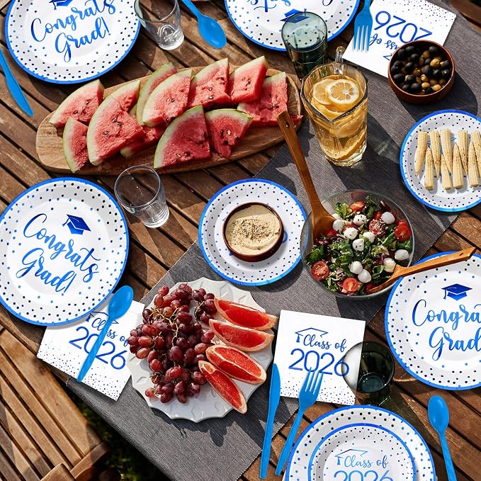 175pcs Class of 2026 Graduation Plates and Napkins Set, Disposable Paper Plate Set Polka Dots Napkins Cups Knife Fork Spoon for Graduation Party Decorations and Supplies,Serve 25 (White Blue)