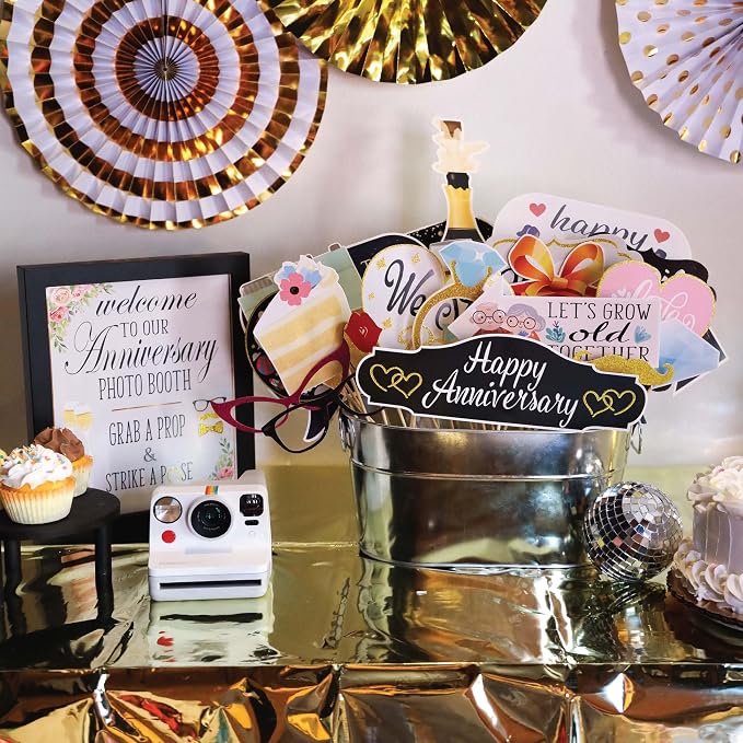 Anniversary Photo Booth Props - 41-pc Photobooth Kit with 8 x 10-Inch Sign, 60 Adhesive Pads, 45 Sticks - Wedding Anniversary Photo Props - Wedding Photo Booth Props