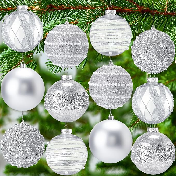 Lyrow 12 Pcs 4 inch Christmas Balls Ornaments Glitter Shatterproof Christmas Decorations Tree Balls Sparkly Holiday Ornaments Bulk for Xmas Trees(Silver)