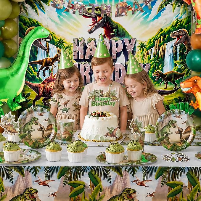 Dinosaur Birthday Decorations for Boys, 150 PCS Jurassic Dino Party Supplies with Backdrop, Dinosaur Balloons, Banner, Tablecloth, Cake Toppers & Stickers