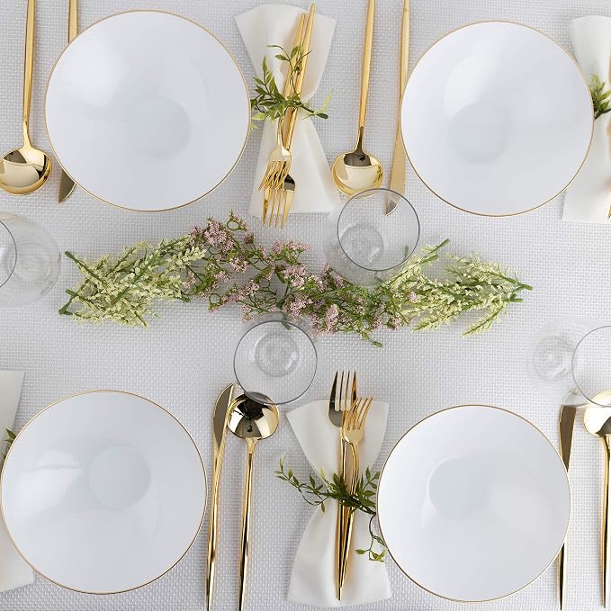 [16 OZ 10 Count] White Plastic Floral Design Party Soup bowls With Gold Rim Premium heavyweight Elegant Disposable Tableware Dishes