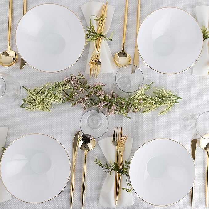 PLASTICPRO [16 OZ 20 Count] White Plastic Floral Design Party Soup bowls With Gold Rim Premium heavyweight Elegant Disposable Tableware Dishes