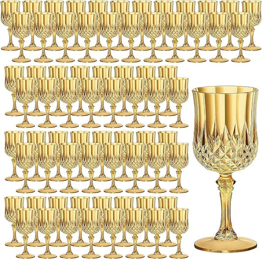 7OZ Plastic Wine Glasses, Reusable Vintage Goblets Unbreakable Drinking Glasses Crystal Water Cups Champagne for Wedding, Parties (100, Gold)