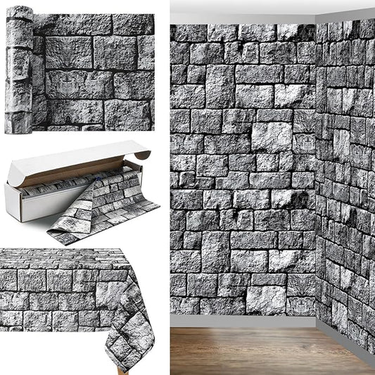 Oudain 54 Inch x 100 ft Stone Wall Tablecloth Roll Medieval Wall Backdrop with Cutter Box Vbs 2026 Disposable Plastic Castle Table Cover Background Wallpaper Birthday Party Decoration