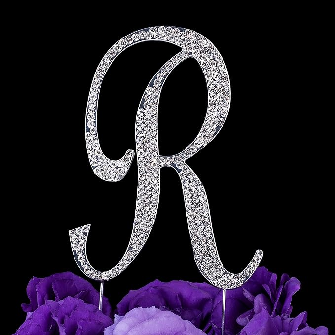 LOVENJOY Gift-Boxed 3.3" Rhinestone Letter R Cake Topper Silver