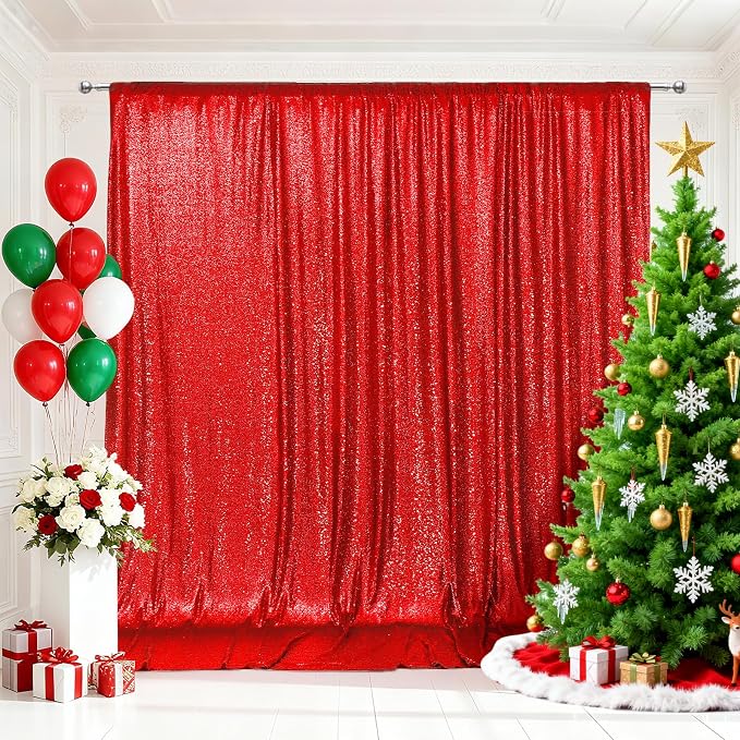 PartyDelight Red Sequin Backdrop 8x8ft 4 Inch Rod Pocket | Dense 3mm red sequins on mesh backing with 4 inch rod pocket for group photos wedding walls stages and banquet focal displays