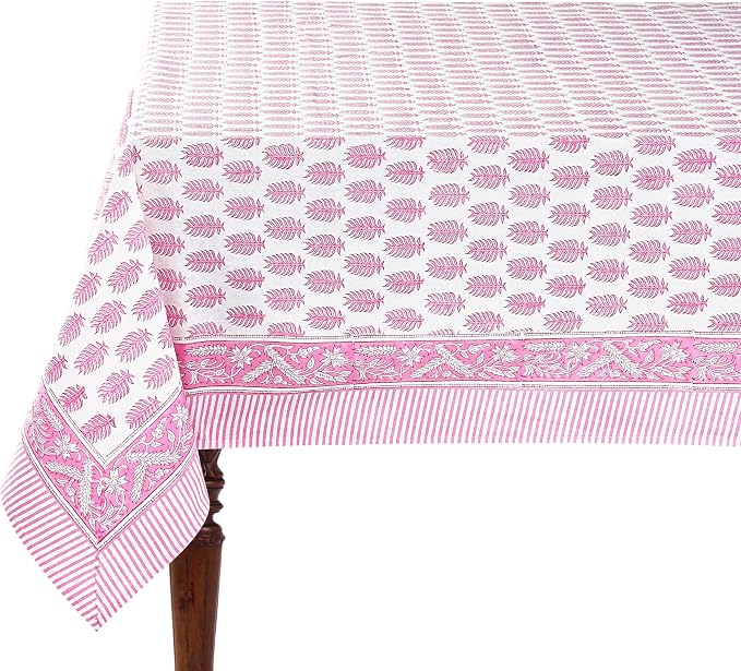 Ridhi Taffy Pink Hand Block Print Cotton Rectangle Tablecloth 102" x 48" inches Reusable Table Cover Decorative Everyday Use for Dining Room, Farmhouse, Home Gift for Spring, Mother's Day