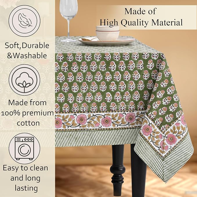 CPC Tablecloth 100% Cotton 72x140 Inch Indian Block Print Easter Rectangle Table Cover, Table Cloth for Weddings, Parties- Jade Green 12-Seater
