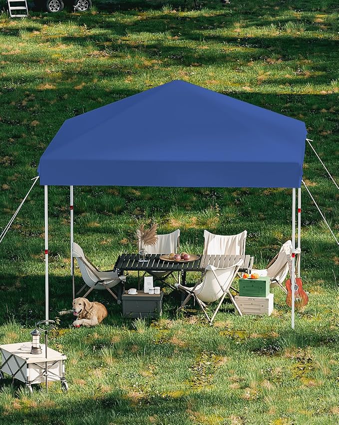 10x10 Pop Up Canopy with One Button Push Setup - Heavy Duty Outdoor Canopy Tent with Portable Roller Bag - 3 Adjustable Height, 4 Weight Bags, 8 Stakes & 4 Guy Ropes Included, Blue