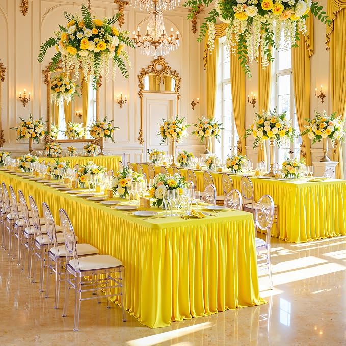 PARTISKY 2 Pack Yellow Tablecloths for Rectangle Tables 8ft, Wrinkle Resistant Spandex Table Cover Fitted Stretch Table Cloth with Pleated Ruffle Skirts for Party Banquet Dining Birthday Wedding