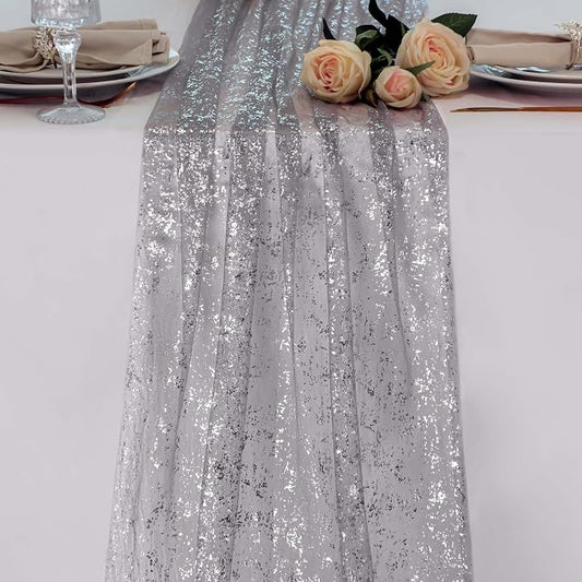 Snowkingdom Silver Gray Table Runner 10FT, Sheer Sparkly Shiny Glitter Sparkle Cheesecloth Tulle Elegant Centerpiece Modern Dining Decor for Wedding Party Bridal Shower Birthday Christmas New Year
