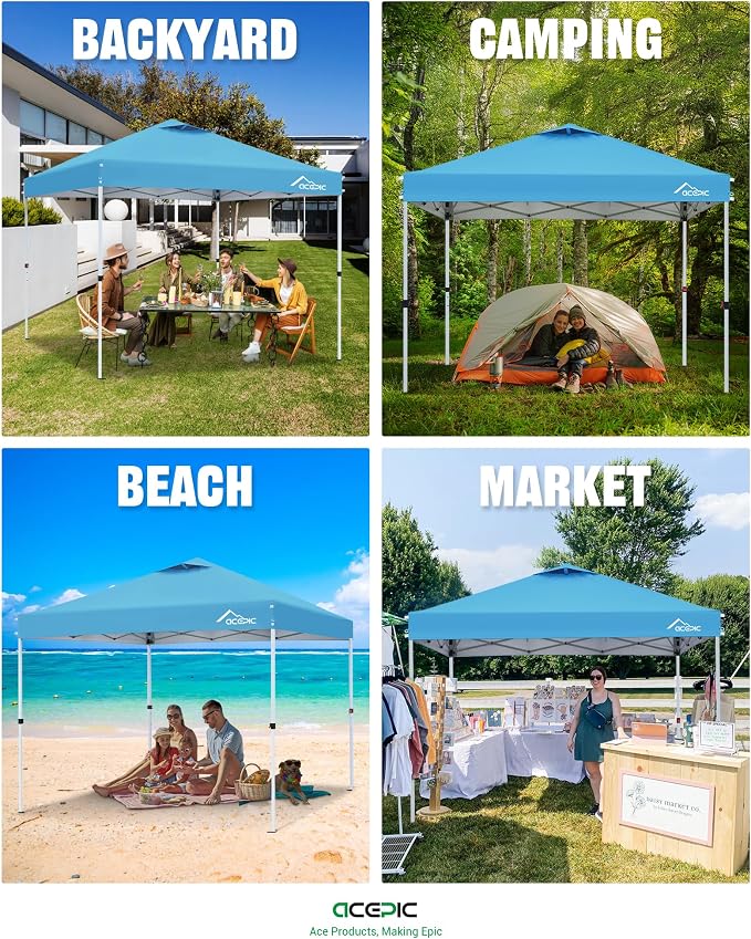 Acepic 10x10 Pop Up Canopy Tent,300D Silver-Coating Top,Pop Up Canopy Tent Instant Portable Shelter with 1-Button Push and Wheel Carry Bag, 8 Stakes and 4 Upgraded Canopy Weights (Serene Blue, 10x10)