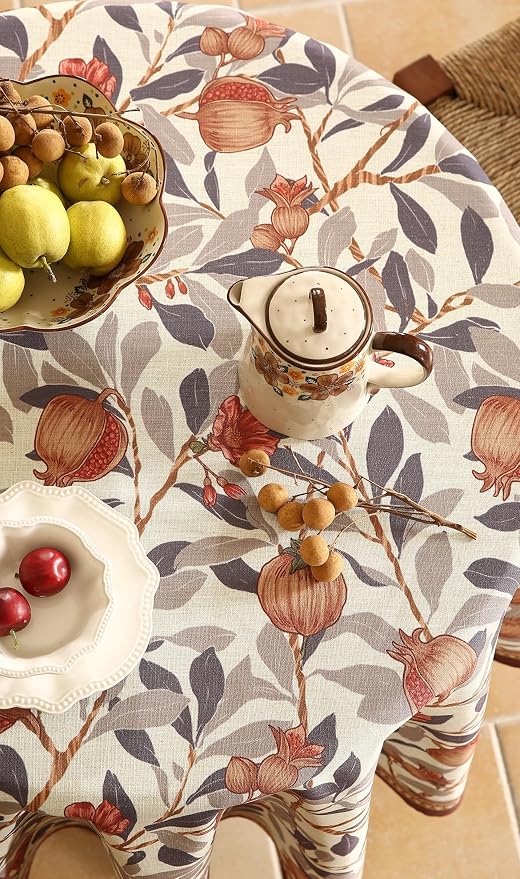 patdrea Vintage French Linen Tablecloth,Round,Diameter 55" | Elegant Beautiful Table Cloth for Round Table,Natural Floral Block Print,for Dining Room Tea Party Thanksgiving