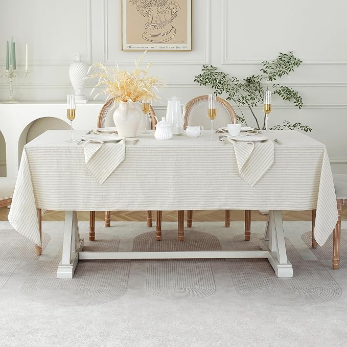 Linen World Stripe Linen Tablecloth,100% French Natural Stripe Table Cloth 55" x 55" Inch,Washable Square Tablecloth for Dining,Outdoor,Weddings and Restaurants,Decorative Thanksgiving Christmas