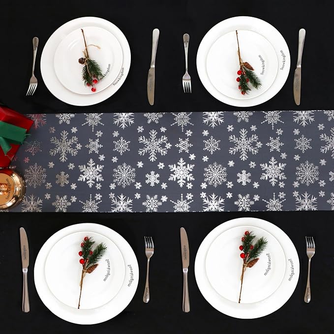Snowkingdom 2 Pcs Christmas Snowflake Silver Table Runner, 108 Inch Sparkly Silver Glitter Metallic Foil Runners Decorations for Seasonal Winter Festival Holiday Home Party